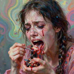 bright psychedelic todd solondz eating rotten flesh, crying tears of blood and puking, diffuse lighting, fantasy, intricate, elegant, highly detailed, lifelike, photorealistic, digital painting, artstation, illustration, concept art, smooth, sharp focus, art by francis bacon