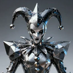 front shot of a court jester character ominous intricate fractal hyper cubes platinum cracked dark future metallic holography cryst edges poly extraordinary detailed concept artstation sharp focus ray tracing cinematic masterpiece fine portrait