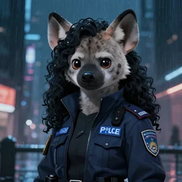character portrait of a female anthro hyena fursona with a cute beautiful attractive furry face and long black curly hair wearing a police flak jacket in a cyberpunk city at night while it rains. hidari, color page, tankoban, 4K, tone mapping, Akihiko Yoshida.
