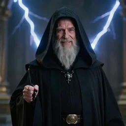 a cinematic still of (Ian McDiarmid!!!) as palpatine, wearing sith hood, Ian McDiarmid, (octane render, nvidia raytracing demo), ((((lightning)))), (grin), masterpiece