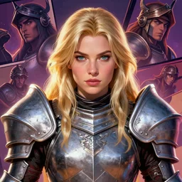 masterpiece head-on symmetrical centered painted portrait, Imogen Poots as a paladin, blonde hair, glorious, wearing full metal armour, RPG character Blizzard Hearthstone concept art, pixar, maya engine on stylized background, splash comics, global illumination lighting, trending on artstation, by lois van baarle, ilya kuvshinov, rossdraws