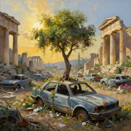 a tree growing on a scrap car in ancient greek ruins, gray wasteland, many scrap cars, trash, rubble, overgrown, pillars and arches, colorful flowers, vines, hyperrealistic, highly detailed, cinematic, ray of golden sunlight, beautiful, cgsociety, artstation, 8 k, oil painting by greg rutkowski, by artgerm, by wlop
