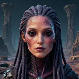 full - face close - up portrait, your mom is a cosmic horror by bruce brenneise and h r giger, alien ancient ruins in background, on an alien planet with craters, 3 d render, neosurrealism. digital concept art, pixel art, rendered in octane, trending on cgsociety, trending on artstation