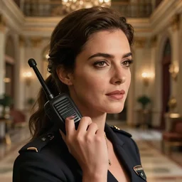 cinematography closeup portrait of a beautiful woman cop talking to her shoulder radio in an decadent mansion foyer by Emmanuel Lubezki