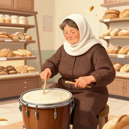 a babushka plays the drums at a bakery, crumbs of bread around her, digital art