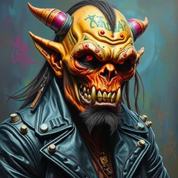 a scifi post apocalyptic orc biker, psychedelic vibrant colors, futuristic punk rock fashion, oil painting by michael whelan art, sharp focus, realistic, highly detailed, studded leather jacket, 8 k