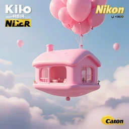 a 5 0 mm lens photograph of a cute pink floating modern house, floating in the air between clouds, inspired by the movie up, held up from above by ballons. mist, playful composition canon, nikon, award winning, photo of the year