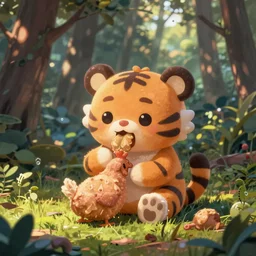 a cute cartoon tiger eating chicken on a forest, trending on Behance, Dribbble, CGSociety, ArtStation, Tumblr, Pinterest, Drawcrowd, Pixiv, Devianart
