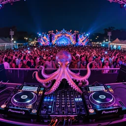 award winning photo of an octopus dj with tentacles simultaneously placed turntables cdjs and knobs of a pioneer dj mixer. sharp, blue and fuschia colorful lighting, in front of a large crowd, studio, medium format, 8 k detail, volumetric lighting, wide angle, at an outdoor psytrance festival main stage at night