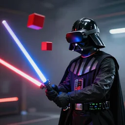 darth vader wearing an oculus quest 2 vr headset and holding light sabers, red and blue floating beat saber cubes in the air, motion blur, light trails, smoky atmosphere, bokeh