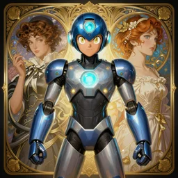 symmetry!! portrait of mega man, mega man, tech wear, glowing lights!! intricate, elegant, highly detailed, digital painting, artstation, concept art, smooth, sharp focus, illustration, art by artgerm and greg rutkowski and alphonse mucha