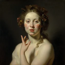 oil painting portrait dark background of a seductive wonderful symmetrical goddess with a beautiful face with a strange disturbing face made of flowers and starnge texured surfaces by otto marseus van schriek rachel ruysch tom bashow, dutch golden age dramatic lighting chiaroscuromodern woman | hyperrealistic | action pose | digital painting | trending on artstation, pinup portrait, clean, illustration