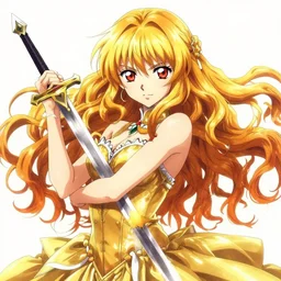 portrait girl in luxurious golden dress holding a ceremonial sword, long curvy hair, colourful, pretty face, cute face, intimidating expression, red eyes, anime by greg rutkowski rossdraws makoto shinkai, adobe illustrator, trending on pixiv, behance