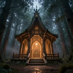 incredible interior artwork shot of a wooden druid's temple in the forest, dusk, light fog, digital art, 4k