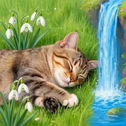 a close-up of a kitty cat sleeping in a green meadow between common snowdrops, bright blue waterfall to the right side, in style of Keathley Mark