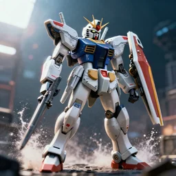 gundam in gears of war, splash art, movie still, cinematic lighting, ray tracing, octane render, long lens, shallow depth of field, bokeh, anamorphic lens flare, 8 k, hyper detailed, 3 5 mm film grain