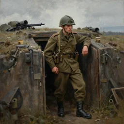 beautiful painting of a soldier in a trench waiting for the war to end. cinematic lighting by greg rutkowski,