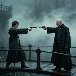 harry potter and voldemort pointing guns!!! at each other on a bridge with mist, moody lighting, dark, expressive, realistic, 4 k, realism