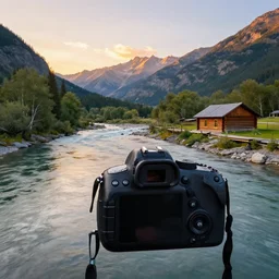DSLR still of a beautiful mountainside river with a pier and a log cabin at sunset, 4k