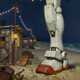 painting by dean cornwell, ilya repin, nc wyeth painting, ultra wide, vanishing point, 3 d perspective, stranded, beached real gundam foot, award winning, up close, climbing, beaching, rust, midnight, junk town, lanterns, makeshift house, colorful lightbulb festoon lights, telephone pole