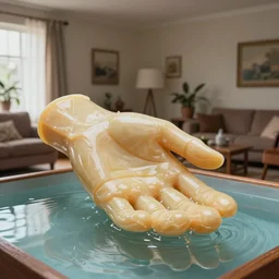 giant hand made of wax and water floats through the living room, film still from the movie directed by Denis Villeneuve with art direction by Salvador Dalí, wide lens