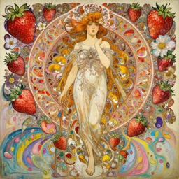 an intricate oil painting of a beautifull woman surounded by hiper detailed fractal, strawberry, flowers, fluid acrilic art, melting colorfull wax, coloful flower petals, colorfull, excelent composition, wide shot, by yoshitaka amano, by greg rutkowski, by alphonse mucha by jeremyg lipkinng, by rhads, by ross tran,
