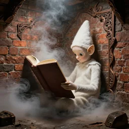 An Elf reading a giant novel inside of a dusty brick wall chamber full of smoke and intricate rusty edges on the wall by Tatsuo Miyajima and Terry More, artstation
