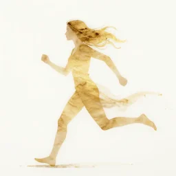 beautiful serene running woman, exploration of motion and life, minimalistic golden and ink airbrush painting on white background