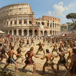 a historical depiction of an epic scene at the roman coliseum filled with dueling gladiators, in the style of greg rutkowski, giulio romano, digital painting, unreal engine, extremely detailed masterpiece