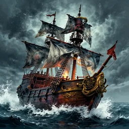 pirate ship stormy weather splash art graphic design color splash high contrasting art, fantasy, highly detailed, art by greg rutkowski