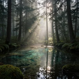 a clear and shining pond surrounded by tall trunks and fir trees, fog, a ray of sunshine, dramatic atmosphere, reflections highly detailed, cinematic lighting, perfect composition, 4 k, gustave dore, derek zabrocki, greg rutkowski, belsinsk