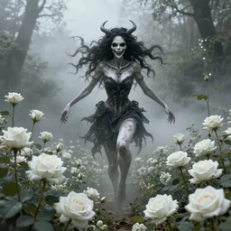 Surreal Female Demon of Death with a Sinister Grin Floating in the air, in the middle of a garden of white roses and Dhalias, photo realistic, insanely detailed, mist, trending on artstation, golden ratio, ultra super good realistic 3D render by Gerald Brom