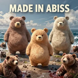 made in abyss design akihito tsukushi design chubby bear war bloody war wounded bears sea of blood, fractals, sloth bear at war, art in the style of and oleg vdovenko and akihito tsukushi