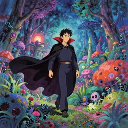 Vampire traveling through a beautiful psychedelic world, illustrated by Krenz Cushart and Hayao Miyazaki, masterpiece, vibrant colors, trending on artstation
