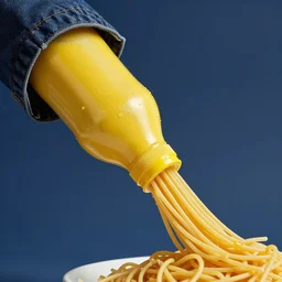 a bottle of mustard tripping over spaghetti falling out of its jacket, high detail, vibrant colors, award winning