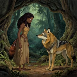 cave interior showing a female african wolf saying good bye to male african wolf, evening in an african rainforest, hyper realism, very coherent art by artgerm, marquet albert, and studio ghibli, fantasy, intricate, beautifully detailed line art, digital painting, concept art, artstation, sharp focus, slight depth of field, illustration, 8 k