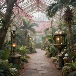a pathway of the tropical greenhouse in steampunk style, in the morning, in blossom, octane, behance hd, bokeh backdrop