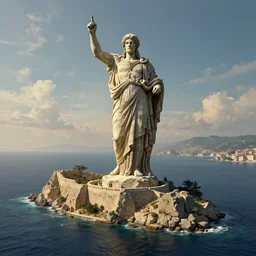 the colossus of rhodes giant statue standing on two islands overlooking harbor, game of thrones, volumetric lighting, fantasy artwork, very beautiful scenery, very realistic painting effect, hd, hdr, cinematic 4 k wallpaper, 8 k, ultra detailed, high resolution, artstation