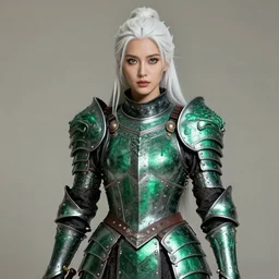 photo of a real-life beautiful white female warrior with emerald encrusted armour