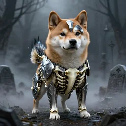 armor made of bones, anthropomorphic shiba inu, metalic, stuning 3 d render, masterpiece, glowing black aura, foggy dark graveyard, by donato giancola and greg rutkowski and wayne barlow and zdzisław beksinski, realistic face