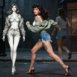 tattooed pinup girl halston sage wearing a jacket and ripped shorts running and fighting in a dark street, character sheet, character design,, contrast, deep focus, turnaround, highly detailed, dramatic lighting, digital painting, artstation, concept art, matte, sharp focus, illustration, elegant, art by artgerm and greg rutkowski and alphonse mucha.