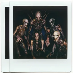 1 9 8 3 polaroid snapshot portrait, monstrous mutant cenobite people with grotesque lovecraftian god creatures, horror, madness