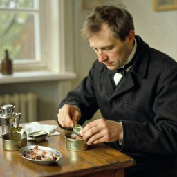 a man opening a tin of surstromming in the style of carl larsson