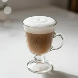 photograph of chai latte in ornate glass cup, white cinematic lighting high bokeh, angelic detail
