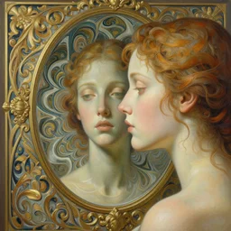 the muse in the mirror, psychedelic experience, optical illusion, surreal, face, detailed, intricate, elegant, lithe, highly detailed, digital painting, artstation, concept art, smooth, sharp focus, illustration, art by krenz cushart and artem demura and alphonse mucha and stephan duquesnoy