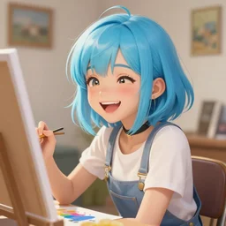 a little gamergirl with a laughing face and short!! light colorful blue hair. she is dressed as gamergirl in her room, painting, beautiful detailed face. by artgerm and greg rutkowski and alphonse mucha