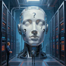 professional painting of huge monumental conscious supercomputer with big face answers humankind questions in endless server room, trending on artstation, cyberpunk, sci - fi, futuristic, by greg rutkowski and maciej kuciara, high quality