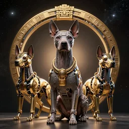 a beautiful ultradetailed fine art photo of an ancient aztec hairless cybernetic cyborg dog set against galactic space, by tom bagshaw and anna dittman, portrait, soft backlighting, robotic arch around the dog, 5 0 mm lens, golden ratio composition, detailed faces, studio lighting, very detailed, industrial mechanical robot dogs, artstation, 8 k, highly coherent