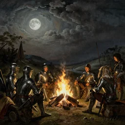 A group of knights sitting around a fire while waiting for their captain, incredible detail, trending, night sky, moon, Canaletto