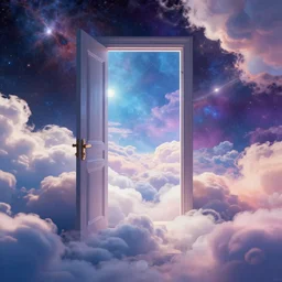 a colourful cinematic image of a doorway to heaven in space clouds all around
